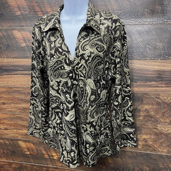 Giorgio Fiorlini Womens Blouse Large Paisley  Print Black Gold Career Wear VNeck - Picture 2 of 15